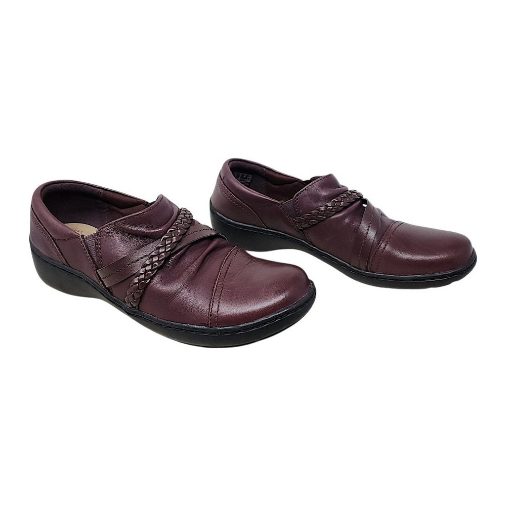 Clarks Loafers 8 Womens Cora Burgundy Leather Braided Ruched Slip On Comfort